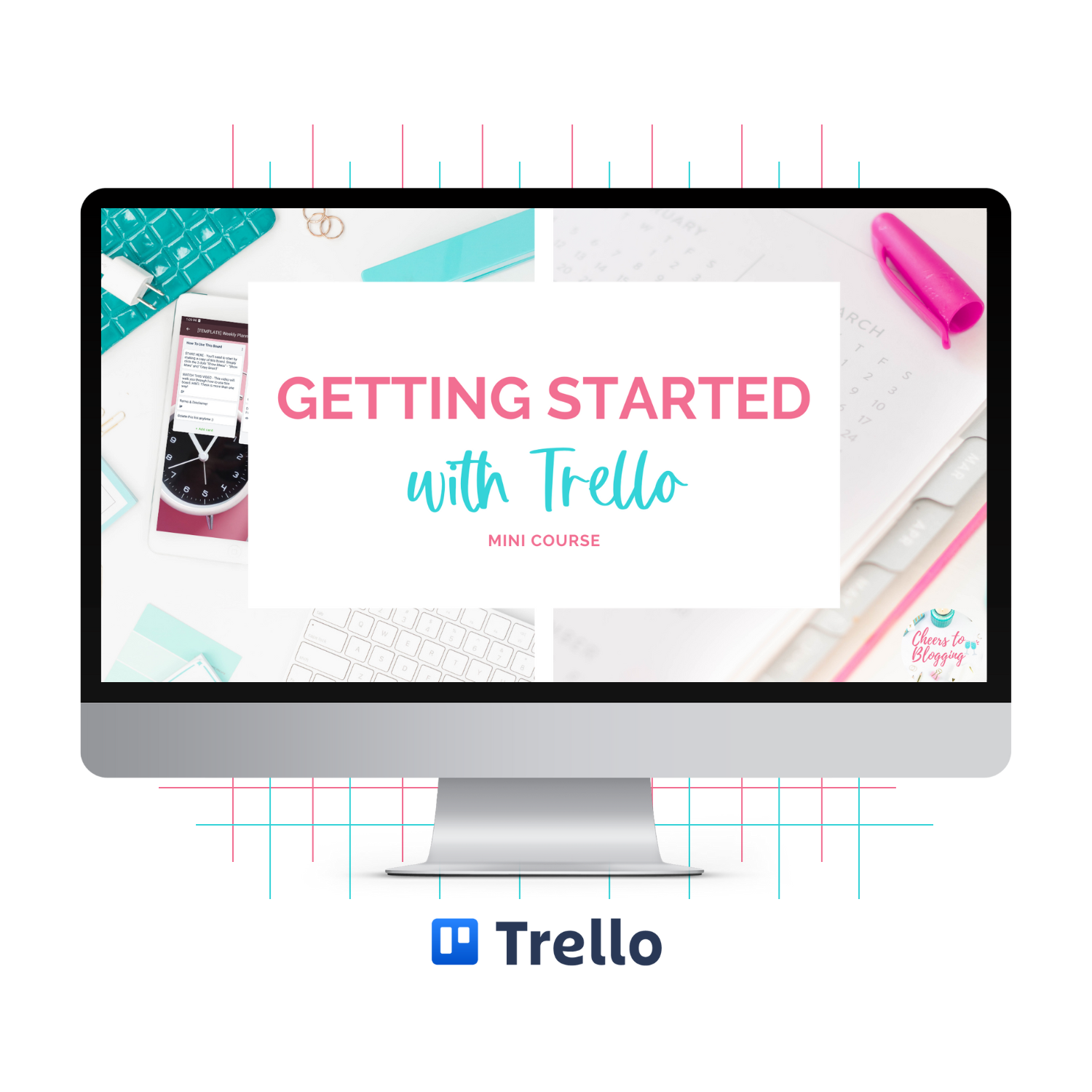 A monitor mockup displaying the Getting Started with Trello mini course.