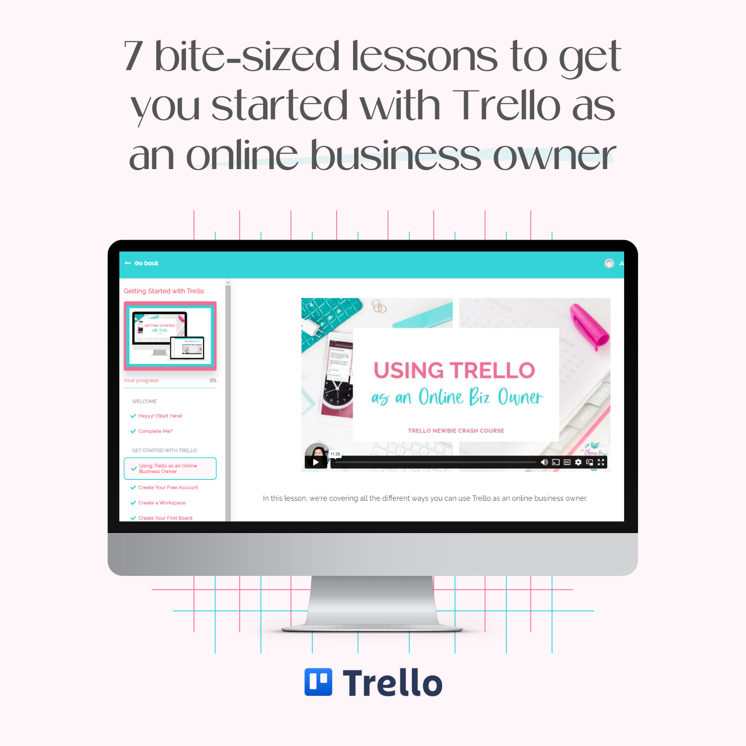 A monitor mockup displaying the course platform for Getting Started with Trello.